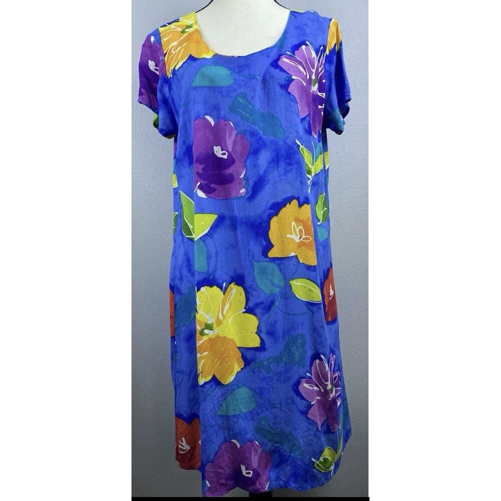 Jams World Sz L Hula Moon Trademark Hawaii Shift Cobalt Blue Yellow Dress - Picture 2 of 9